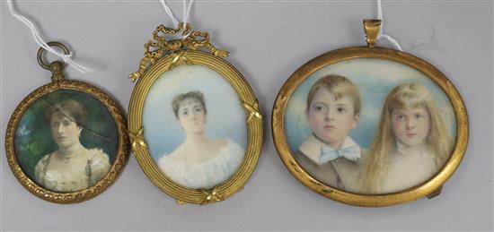 Three gilt-framed miniature portraits,